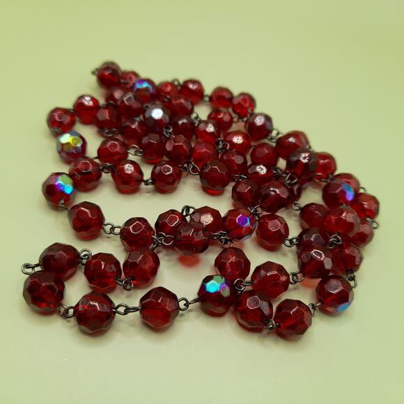 Vintage Czech Red Fire Polished Bead Necklace 42” Wire Wrapped No Clasp Jewelry - Picture 2 of 9